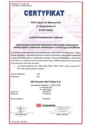 Certyfikat DB Schenker